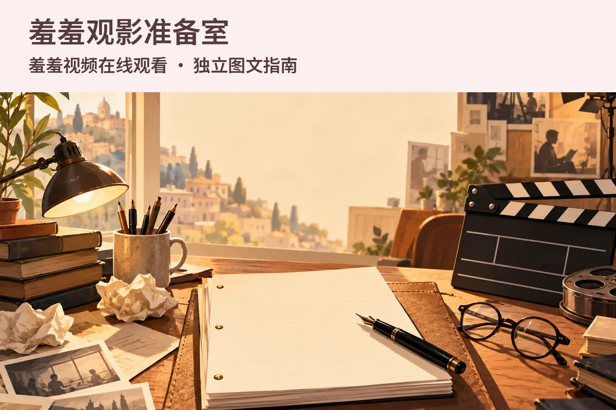 羞羞观影准备室的影像与阅读工作空间示意，画面为原创场景插画而非平台截图